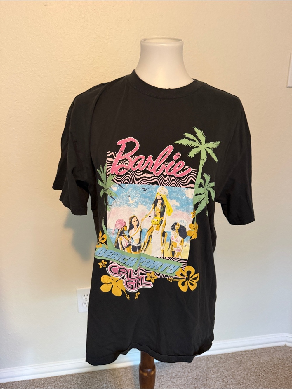 Forever 21 x Barbie Black Tee with Pink Logo and Tropical Graphic